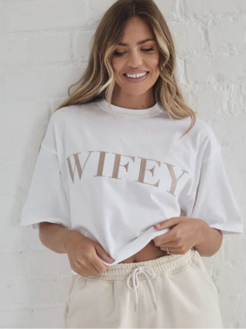 Wifey Graphic Short Sleeve Tee - White with Beige Lettering